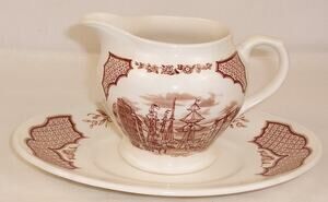 Vintage Alfred Meakin Fair Winds Brown USS Delaware Creamer and Underplate Set